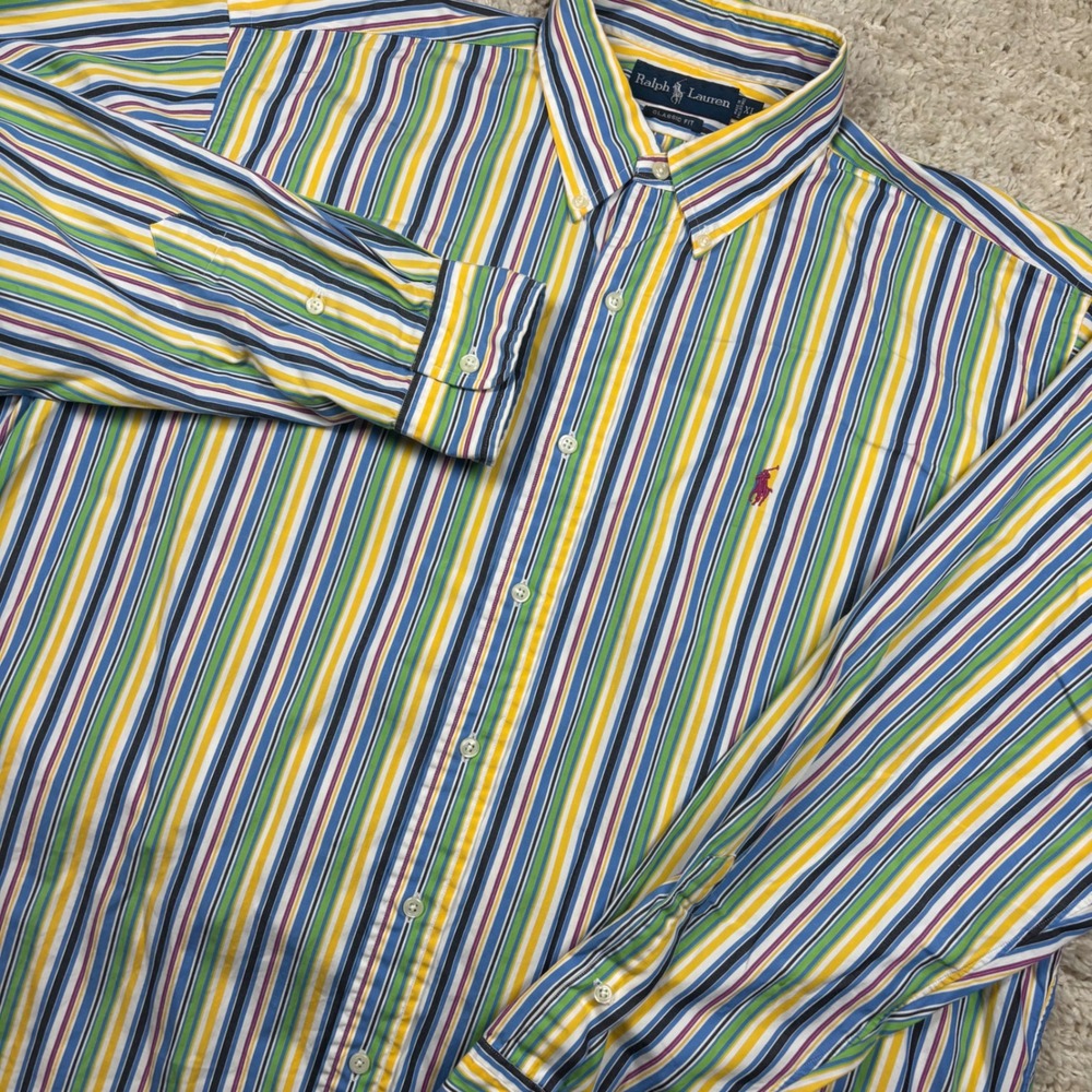 Ralph Lauren Classic Fit Shirt Mens XL Multicolor Stripe Cotton Long Sleeve